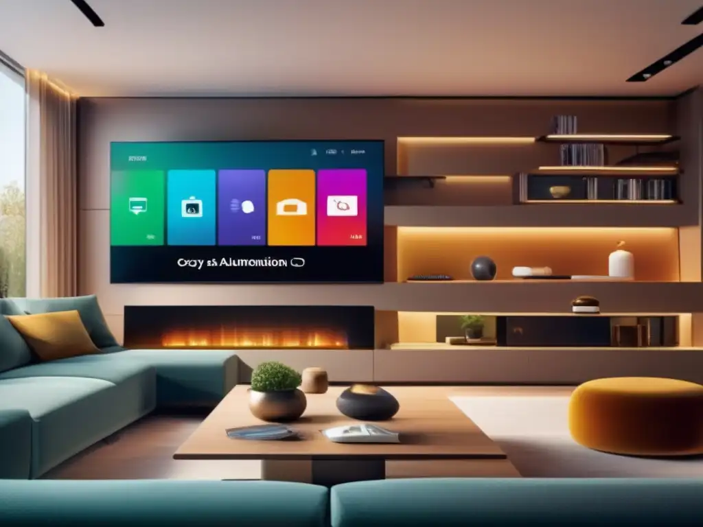 Sala de estar inteligente para una vida cómoda y autónoma en la jubilación Tecnologías para una jubilación independiente y automatizada: sala de estar con TV inteligente, altavoces, persianas y termostato inteligentes
