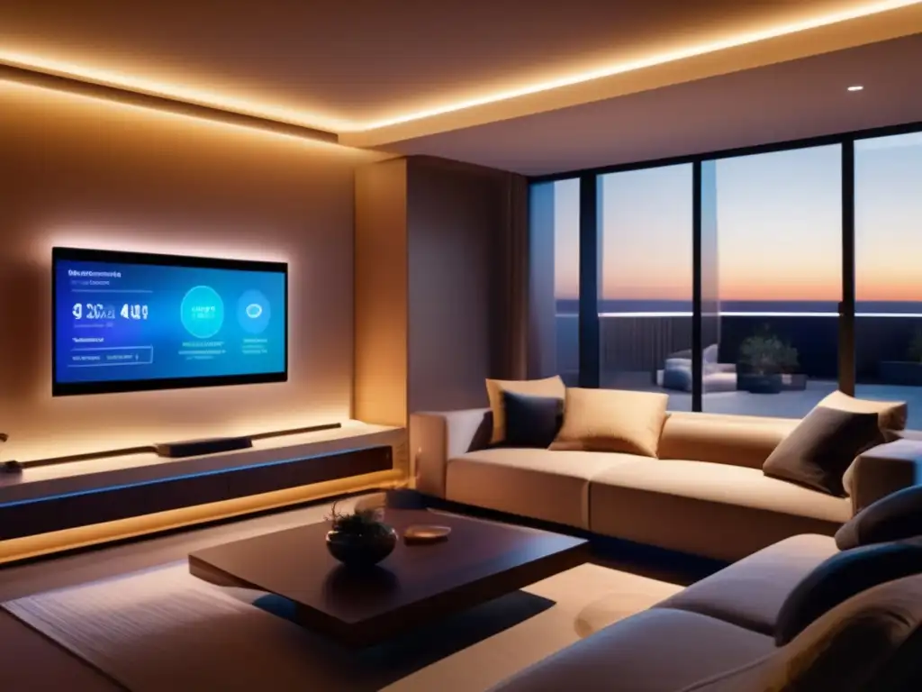 Sala de estar moderna con tecnología doméstica automatizada - Tecnologías para una jubilación independiente y automatizada en un moderno salón con ambiente acogedor y elegante-