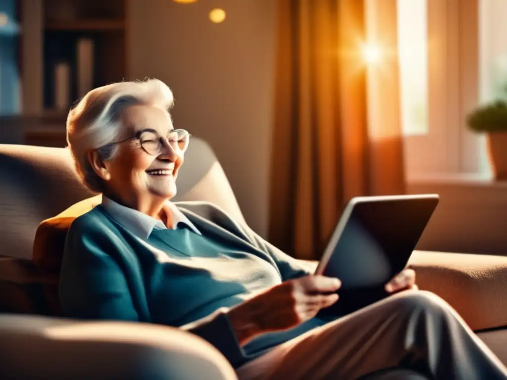 Imagen de teleasistencia para adultos mayores Teleasistencia para personas mayores en una sala acogedora con tecnología avanzada y un ambiente cálido