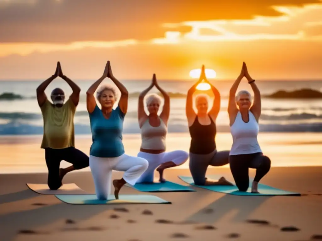 Terapias Alternativas para Jubilación Saludable: Serenos seniors practican yoga en la playa, bajo la cálida luz dorada y las olas tranquilas
