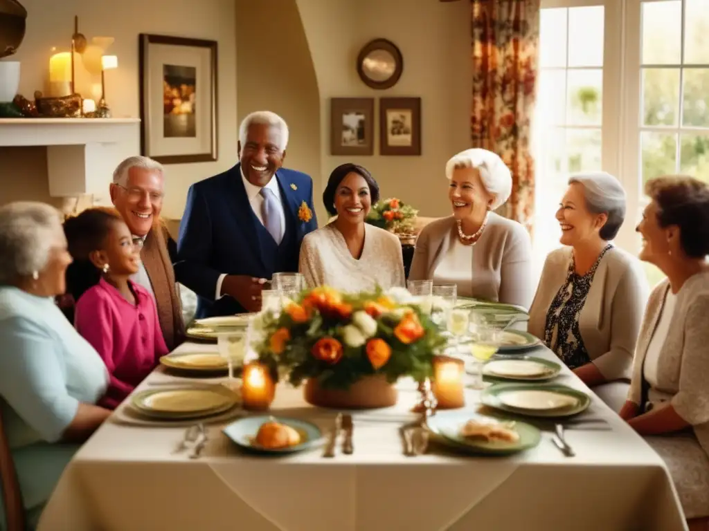 Reunión familiar llena de tradiciones Tradiciones familiares en la jubilación: una imagen sepia de una familia multigeneracional reunida alrededor de una gran mesa, decorada con un mantel festivo y llena de platos tradicionales