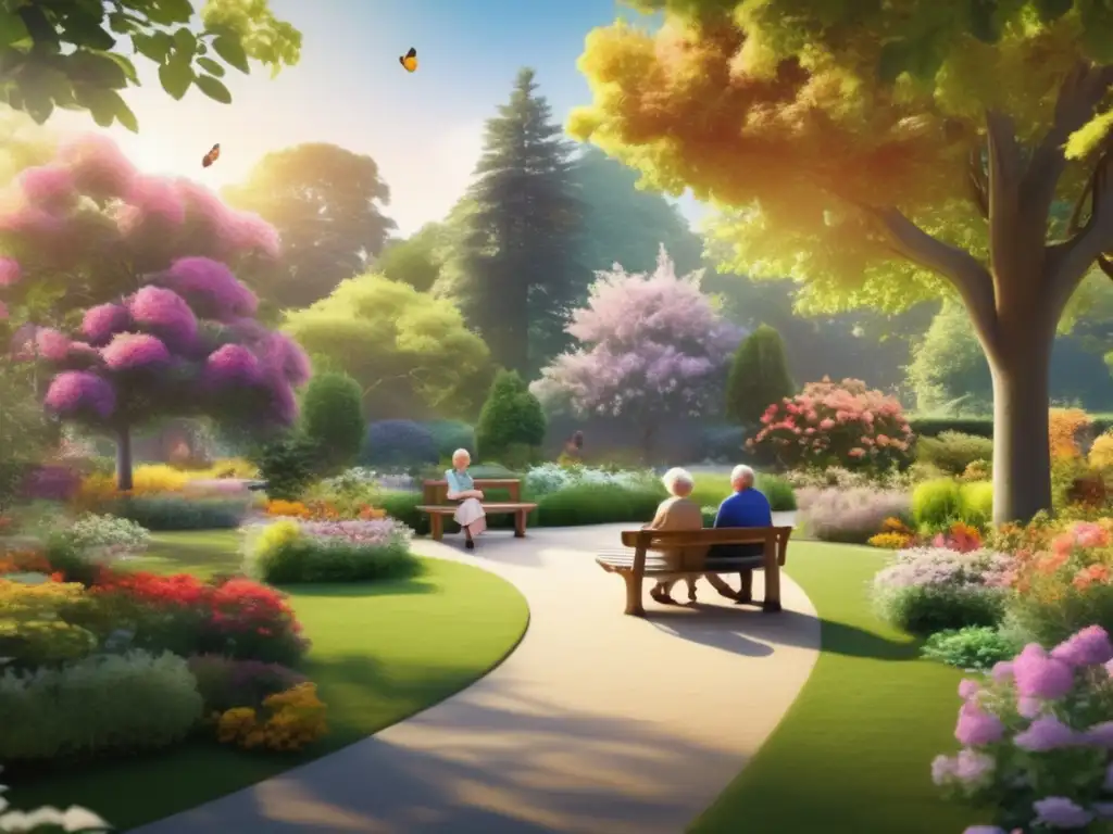 Jardín sereno con flores y actividades de jubilados Un jardín tranquilo con flores coloridas en plena floración