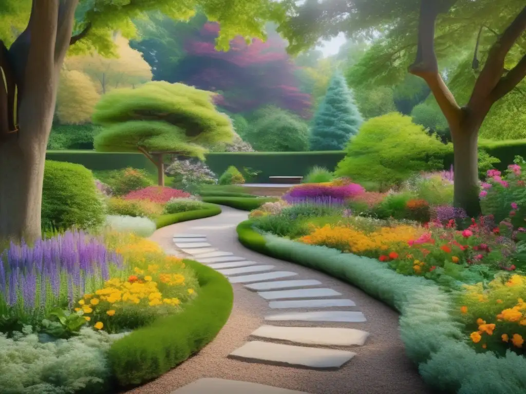 Jardín tranquilo y sereno rodeado de árboles altos Jardín tranquilo con flores vibrantes y prácticas espirituales para la jubilación