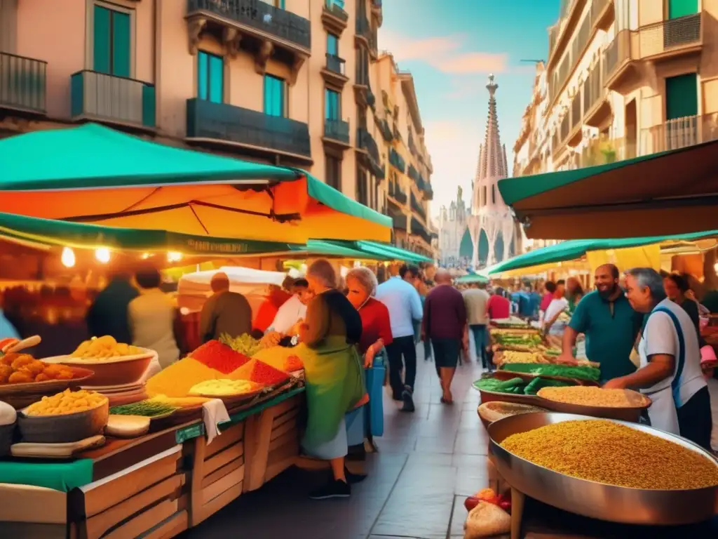 Ultradetalle de una animada calle en Barcelona, España, con colores vibrantes y un filtro sepia