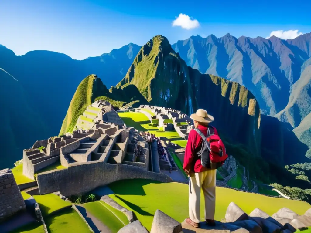 Viajero senior en Machu Picchu Viaje a Machu Picchu: Ruinas antiguas, montañas verdes y cielo azul
