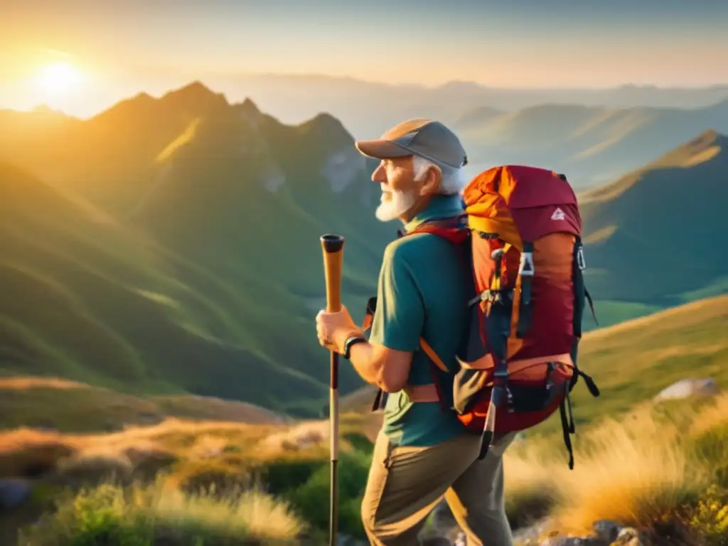 Aventura y belleza en la vejez Viajero senior en montaña, explorando paisaje y mostrando espíritu aventurero - Planificación de viajes para jubilados con poco equipaje