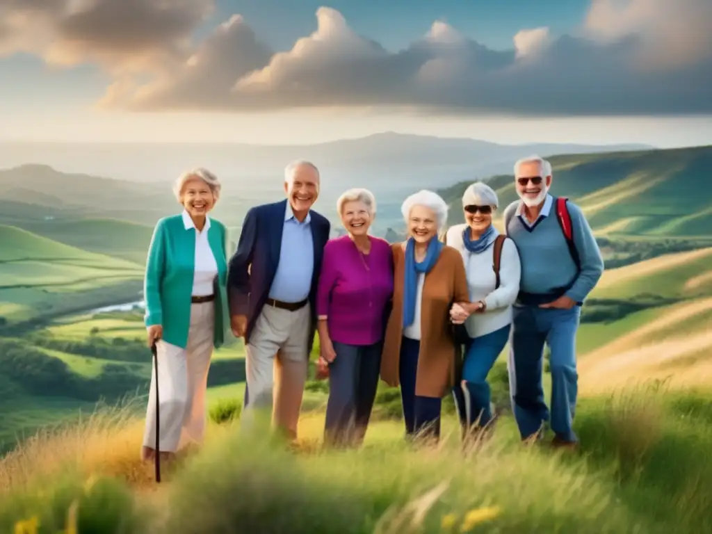 Grupo de viajeros mayores disfrutando del paisaje Viajeros jubilados disfrutan de la naturaleza y la aventura - Planificación de jubilación para viajar después de los 60