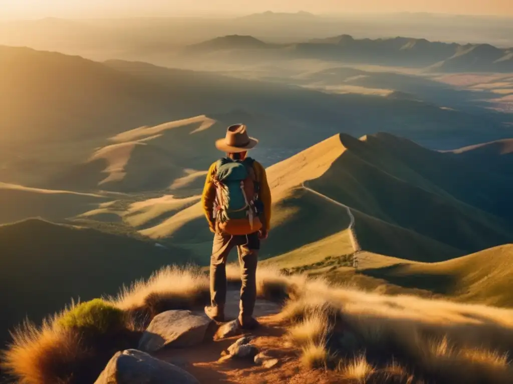 Aventura y libertad: un anciano mochilero en la cima de una montaña Viajes para jubilados con poco equipaje en paisaje montañoso