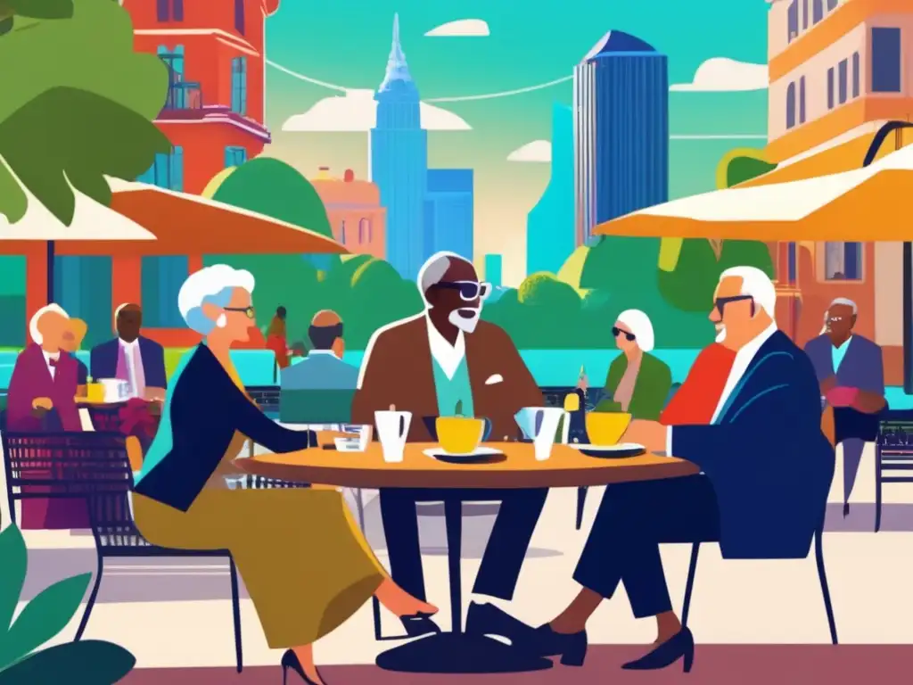 Retirados compartiendo sabiduría en café al aire libre Jubilación global en vibrante café al aire libre con profesionales retirados en conversaciones animadas