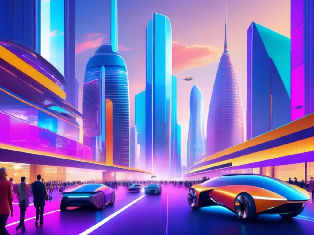 Futuro vibrante: planificación financiera para 2050 Vibrante ciudad futurista con rascacielos de cristal y acero, tecnología avanzada y comunidad inclusiva