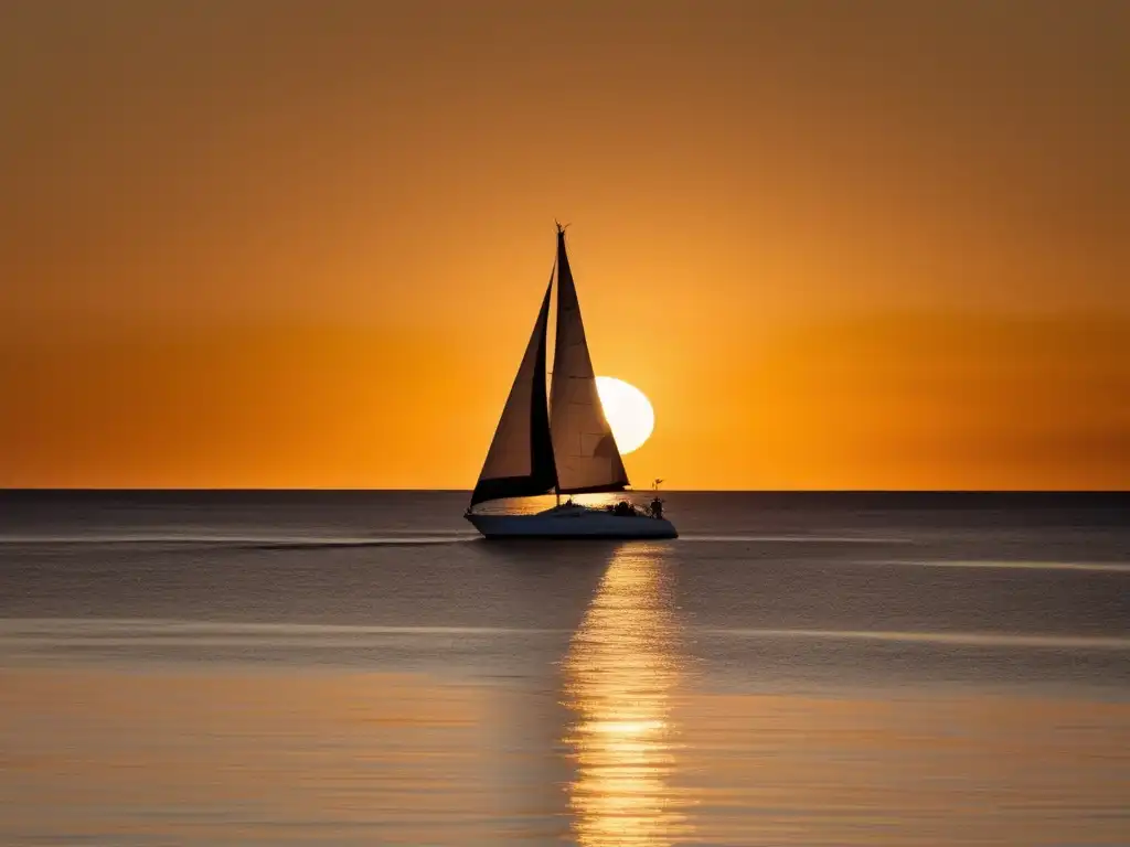 Planificación de jubilación en vida marina: Atardecer sereno sobre el océano, con un velero en silueta surcando el cielo dorado