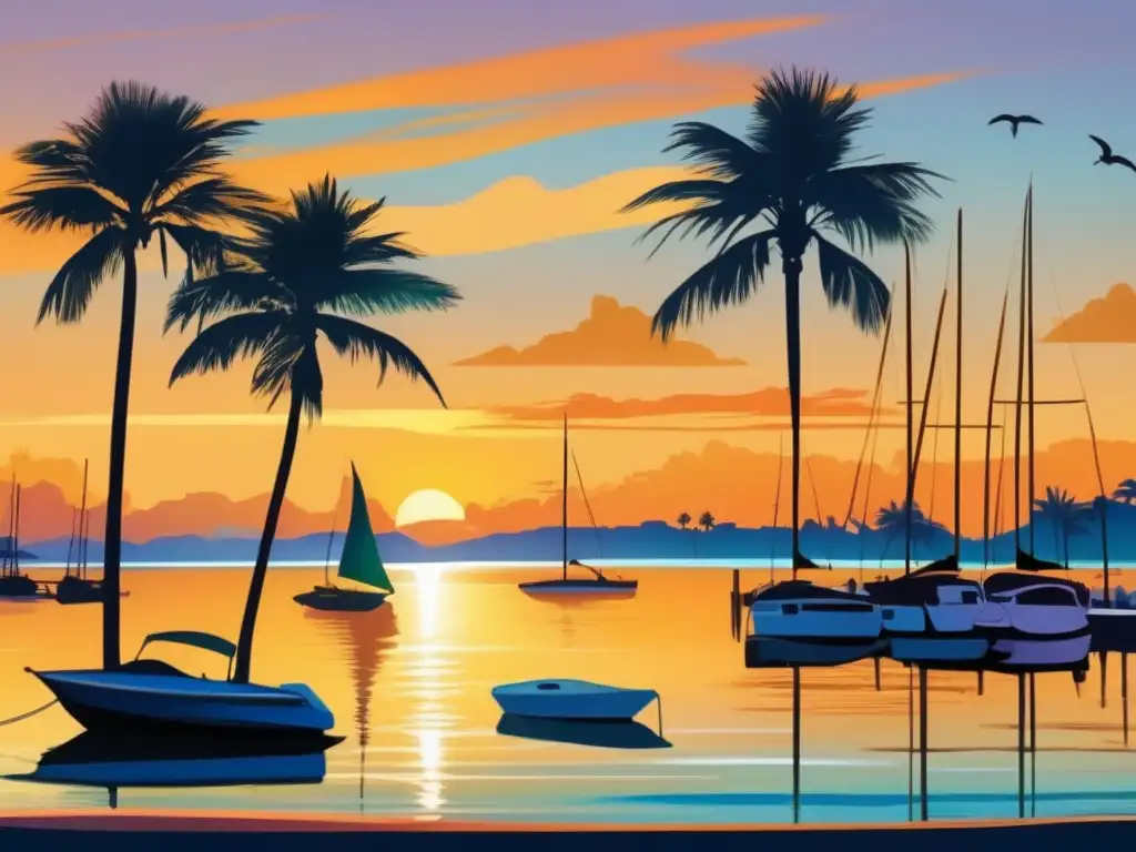 Jubilación en vida marina, imagen sepia de costa serena al atardecer, con barcos, palmeras y casas flotantes