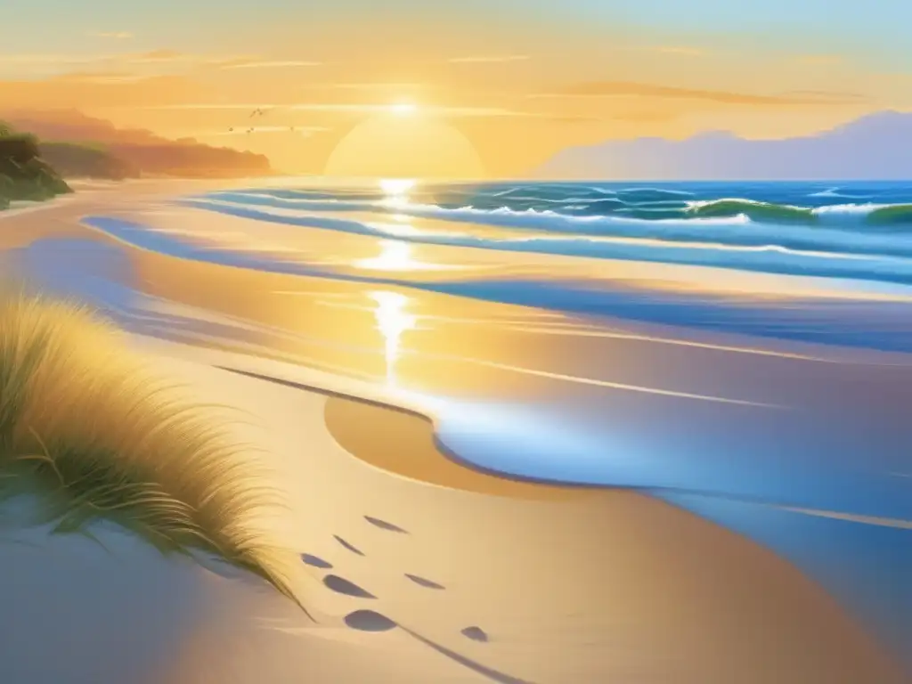 Playa tranquila y serena Vivienda jubilados playa - Escena serena y idílica en la costa con luz cálida, playas tranquilas, palmeras tropicales y mar tranquilo
