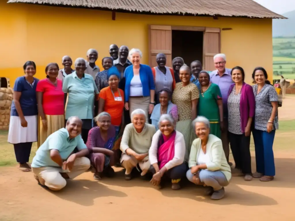 Voluntarios de edad posan con comunidad local en aventura internacional Voluntariado internacional jubilación aventura con comunidades locales y hermoso entorno rural