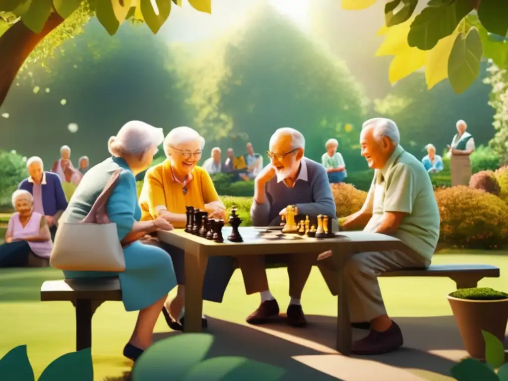 Voluntarios mayores en un jardín lleno de vida Voluntariado en la tercera edad: grupo de voluntarios mayores disfrutando en un jardín, transmitiendo compañerismo y sabiduría (110 caracteres)