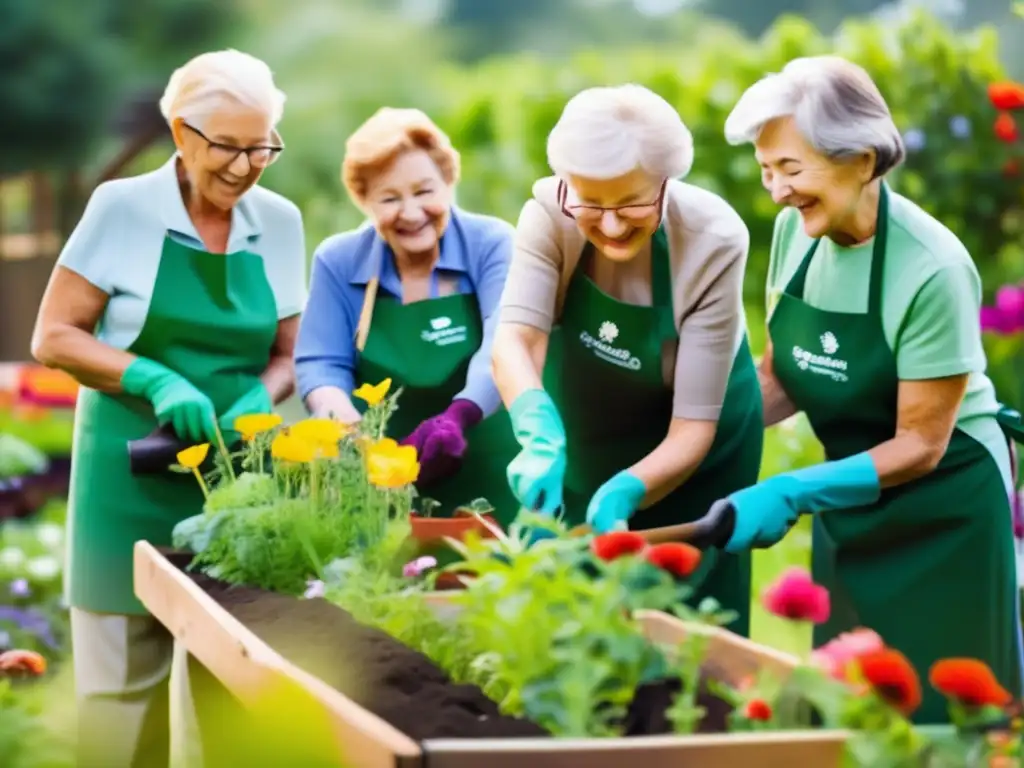 Voluntariado en la Jubilación: Flores, alegría y propósito Voluntarios jubilados en jardín comunitario, flores vibrantes y renovación