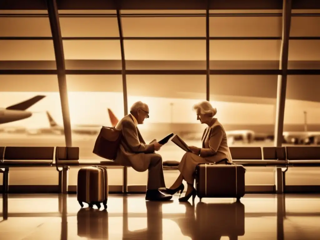 Pareja mayor emocionada por su próximo viaje Vuelos baratos para jubilados: Pareja de ancianos emocionados leyendo guía de viajes en aeropuerto