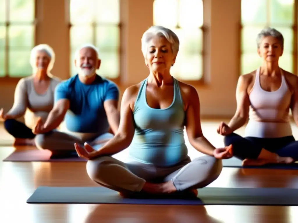 Clase de yoga para adultos mayores Seniors practicando yoga: Secretos jubilación activa salud felicidad